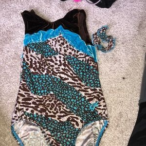 blue and brown leopard GK gymnastics leotard